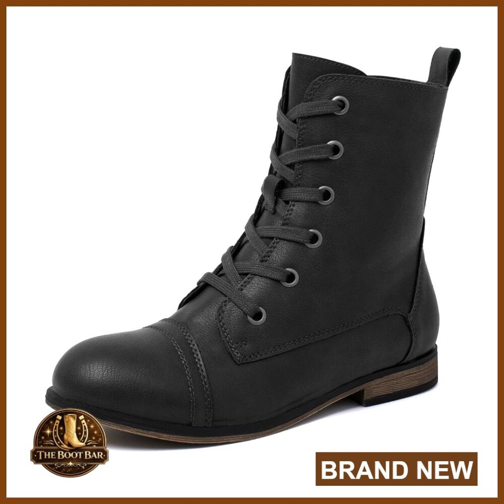 Women's Combat Boots Lace Up Military Ankle Boots Side Zipper